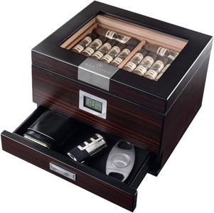 Mantello Cigars Humidors- Humidor Cigar Box with Drawer for Cigar Accessories - Cigar Humidor with Digital Hygrometer- Gifts for Men- Spanish Cedar Lined Cigar Humidors - Holds 25-50 Cigars