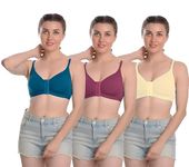 Z6W Cotton Front Open Bra for Women Daily Use | Non-Padded, Non-Wired | Sweat Absorbent Seamless Bra | Full Coverage Regular Wear | Twin Hook Adjuster(Pack of 3) (42) Multicolour