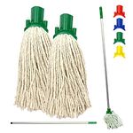 Colour Coded Floor Mop Set – 120cm Long Aluminium Mop Handle and Pack of 2 String Mop Heads Replacement for Domestic and Commercial Cleaning (Green)