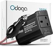 Odoga 300W Car Power Inverter 12V to 240V / 230V Converter, USB-A and USB-C 3A Charging Ports - Charge Your Laptop, iPad, iPhone, Tablet, Consoles & More - Durable and Powerful - Black Aluminum Body