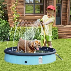 Pawz Dog Folding 2-in-1 Sprinkler Swimming Pool, Dogs Cats Washing Fountain Bath Tub Portable Summer M, Non-Slip Collapsible Dog Swimming Pool for Backyard Dogs, Indoor & Outdoor, Premium PVC, Blue
