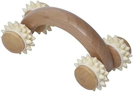 Natural Wooden Handheld Massage Roller - Four Spiked Rollers for Muscle Relief, Circulation Boost and Relaxation - Ergonomic Acupressure Massager for Back, Legs, Arms and Feet
