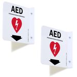 SmartSign (2-Pack) AED Projecting Sign - 6" x 6", Two-Sided Wall Mount Polished Acrylic Hallway Sign with Down Arrow, Red, Black and White, Made in USA