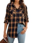 Oyamiki Womens Plaid Button Down Collared Shirts Long Sleeve Flannel Blouses Tops with Pockets Orange