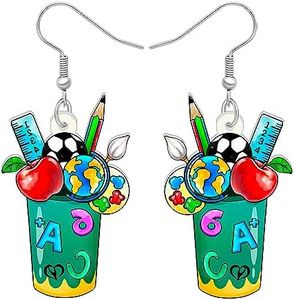 DUOWEI Cute Acrylic Teacher Earrings Crayon Pencil Jewelry Back to School Dangle for Women Girls Kids Book Apple Accessories (Pen Container B)