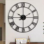 Large Wall Clock, Metal Retro Roman Numeral Clock, Modern Round Silent Wall Clocks, Easy to Read for Living Room/Home/Kitchen/Bedroom/Office/School Decor (Black, 16 Inch)