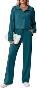 PINSPARK Sweat Set for Women High Waisted Sweatsuits Collared Sweatshirt Hip-line Sweatpants with Pockets Comfy 2 Piece Lounge Set Trendy Fall Outfits 2026, Teal Petite XXL