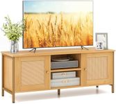 COSTWAY TV Stand for TVs up to 55 Inches, Wooden TV Cabinet Media Entertainment Center with 2 Rattan Effect Doors and Open Storage Shelves, 5 Metal Legs TV Unit Console Table for Living Room Bedroom