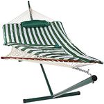 Sunnydaze Green and White Stripe Cotton Rope Hammock with 12 Foot Steel Stand, Pad and Pillow-275 Pound Capacity