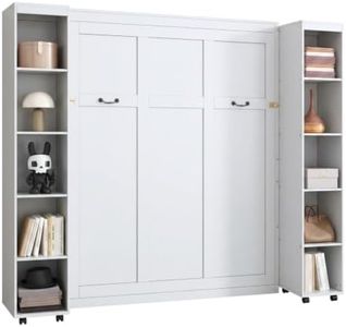 BosomHug Queen Murphy Bed with 3 Doors Wardrobe Closet, Wood Wall Bed for Guest Room and Home Office, White Folding Lifting Bed w