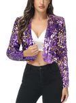 ANNA-KACI Womens Shiny Sequin Long Sleeve Glitter Cropped Blazer Bolero Shrug, Purple, Small