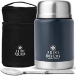 Prime Horizon Food Flask - 500ml Stainless Steel Vacuum Double Wall Jar with Folding Spoon, Leakproof and BPA Free. Free Insulated Travel Bag with Carabiner and Gift Box (Blue)