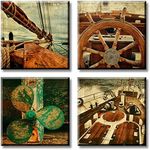 Nautical Decor - Yacht Sailboat Wall Decor Modern Retro Boat Wheel Details Canvas Artwork Pirate Ship Wheel Wall Art Bathroom Decorations for Living Room 12"X12" 4 Piece Stretched and Framed