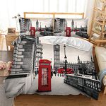 Loussiesd Double Duvet Cover Set 3D Famous City Printed Lightweight Soft Microfiber Grey London Telephone Booth Quilt Cover Set with Zipper Closure,Luxury Modern City Bedding Sets 3PCs (200x200cm)