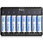 POWXS AA Rechargeable Batteries with Charger, 2800mAh High Capacity Ni-MH Double A Batteries (8 Pack) and 8-Bay Pro AA AAA Battery Charger with Type-C Fast Charging, Independent Slot