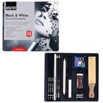 BRUSTRO Black White Charcoal Drawing Set of 13 Pcs in a Metal Box| Ideal For Sketching, Shading, Blending, Illustration, Portraits, Landscape and Fine Arts