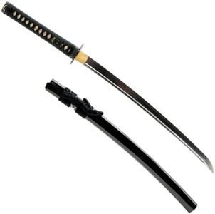 Handmade Sword - Fully Functional Samurai Wakizashi Sword, Sharp 1095 Carbon Steel Blade, Hand Forged Clay Termpered, Full Tang, Crane Tsuba, Black Scabbard, Certificate