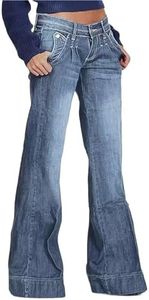 Flamingals Low Rise Straight Leg Wide Leg Baggy Jeans Women Stretch Boyfriend Butterfly Flare Denim Pants, Mid Blue, Medium