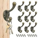 FIGFYOU 10 Pcs Double Coat Hook, Heavy Duty Rustic Coat Hooks Wall Mounted Clothes Hooks with 20 Screws Vintage Coat Hooks Vintage Cast Iron Wall Hook for Hat, Scarf, Bag, Towel, Key, Cup (55x43mm)