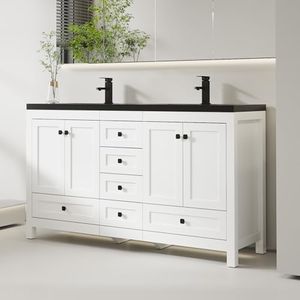 eclife 60" Bathroom Vanities with Sink Combo, Modern Thickened Wood Bathroom Storage Cabinet w/Undermount Black Double Sink, Matte Black Faucet Drain, White