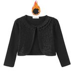 SMILING PINKER Girls Lace Cardigan Shrug Fall Winter Fleece Lining Bolero Long Sleeve Button Crop Top(Black Fleece,6-7 Years)