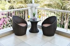 DEVOKO Outdoor Conversation Hdpe Wicker Furniture Set With Cushions & Coffee Table For Small Space, Garden, Backyard, Porch, Pool (Dark Brown & Cream, 2)