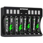 BAZTONE 8 Bays Battery Charger with 4 x AA and 4 x AAA Batteries, Intelligent LCD Screen Battery Charger, for NI-MH/NI-CD Batteries, Individually Black Charger for AA AAA Rechargeable Batteries