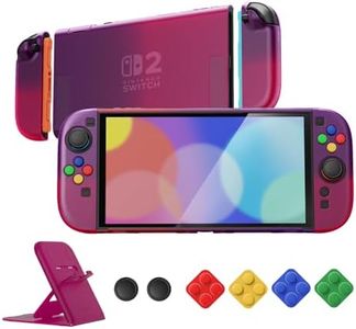 PlayVital Protective Case for Nintendo Switch 2 with Stand | Ultra-Slim Dockable Hard Shell, Split Joycon Cover, Button Caps & Thumb Grips | Clear Series, Clear Atomic Purple Rose