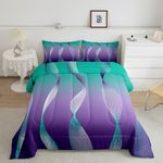 Erosebridal Gradient Gradient Teal to Purple Bedding Set Ombre Comforter Set for Girls,Spiral Silver Print Wave Striped Pattern Queen Quilt,Abstract Art Room Decor Aesthetic