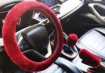 3Pcs/Set Fashion Faux Wool Fur Furry Short Hair Steering Wheel Cover,Soft Fluffy Handbrake Cover,Gear Shift Cover,Universal Thickening Warm Non-Slip Auto Interior (wine red,Manual)