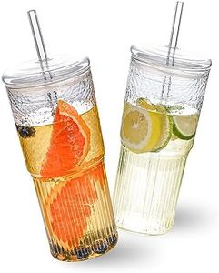 MINGHYZYA 20 OZ Iced Coffee Cup With Glass Lids and Straws,High Borosilicate Glass Tumbler Cup Reusable Wide Mouth Smoothie Cups(Clear,2cups)…