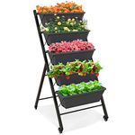 GiantexUK Raised Garden Bed, 5 Tier Vertical Ladder Planter with 5 Removable Trays, Wheels & Drain Holes, Elevated Flower Herb Growing Box for Indoor Outdoor (with Wheels, Black, 57 x 68 x 117cm)