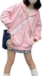 OATSBAS Kawaii Zip Up Hoodie Women Cute Cartoon Embroidery Oversized Pullover Sweatshirt Harajuku Kawaii Hooded Top, Pink-thick, Small