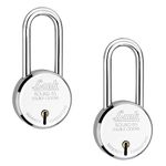 Link Stainless Steel 65Mm New Round Long Shackle Padlock|Steel Body|Iron Lever|Double Locking|50,000 Key Combinations 3 Silver Keys for Each Padlocks (Pack of 2)