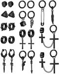 Kakonia 22Pcs Stainless Steel Fake Earrings for Men Women Cross Chain Pendant Earring Non-Piercing Huggie Hoop Earrings Set Clip On Earrings for Men Black Fake Earrings