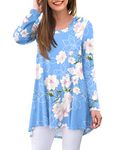 AWULIFFAN Women's Casual Long Sleeve Round Neck Loose Tunic T Shirt Blouse Tops (Flower Light Blue,Medium)