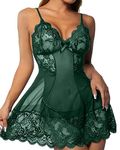 CheChury Sexy Lingerie for Women sets Babydoll for Women Lace Dress with Thong Nightwear V Neck Nightgown Mesh Sleepwear Set,Green,M