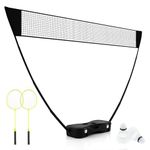 COSTWAY Portable Badminton Net Set, All-In-One Volleyball Badminton Set with Storage Base, 2 Rackets and 2 Shuttlecocks, for Backyard, Beach, Ball Games, Outdoor Team Sports (Black)