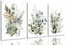 Bwodke Botanical Wall Art Plant Floral Watercolor Poster Canvas Prints Set of 3 Framed Sage Green Painting Eucalyptus Leaf Picture Modern Minimalist Home Decor Bedroom Bathroom Living Room