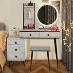 CHARMAID Vanity Makeup Table with Lighted Mirror, 3 Lighting Sets, Human Body Induction, Side Cabinet, 2 Drawers, Storage Shelves, Girls Women Bedroom Dressing Table Vanity Desk with Stool