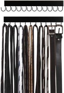 StorageWorks Belt Organizers for Wall, Wooden Belt Holder, Belt Storage with 12 Hooks, Belt Display Rack Wall Mounted, Belt and Tie Organizer for Closet, Black, 2 Pack