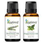 KAZIMA Combo of Rosemary Oil and Peppermint Oil - 100% Pure Essential Oil for Hair Growth, Skin Care, Aromatherapy, Muscles & Joints Pain, 15 ml each