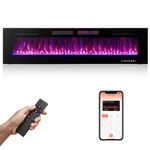 COSTWAY Ultra-Thin Electric Fireplace 72-inch Wide, 750W/1500W Wall-Mounted and Recessed Fireplace Heater with 12 Flame and Flame Bed Color, Remote and Smart APP Control, Decorative Crystal Included