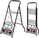 GarveeTech 2 Step Ladder & Folding Hand Truck, 2 in 1 Aluminum Dolly Cart with Foldable Wheels, 220 LBS Capacity Hand Truck Dolly, Portable Step Stool with Wide Non-Slip Pedal for Household, Kitchen