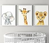 Safari Animals Set of 3 Baby Girl or Boy Nursery Unframed Prints, Bedroom Decor Wall Art Posters, Elephant Giraffe Lion (A4)