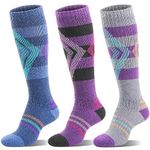 Welwoos Merino Wool Ski Socks for Womens Mens Thermal Winter Warm Thick Knee High Gift Sock Stocking Stuffers for Skiing Outdoor Sports Snowboarding 3 Pairs (Blue/Purple/Grey,M)