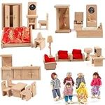 Wondertoys Dollhouse Furniture Accessories Family Doll Set 5 Set 33Pcs Wooden Bathroom/Living Room/Dining Room/Bedroom/Kitchen House Doll Decoration Pretend Play for Kids