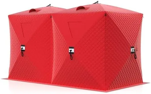 Pop-Up Ice Fishing Tent for 6-8 Persons | Windproof & Warm Winter Shelter with Insulated Oxford Fabric | Portable Hub-Style Design Includes 12 Anchors,Stove Jack,Ropes & Carry Bag,Red