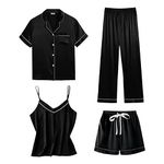 Todays offers Special Deals Pyjama Set for Women 4 Piece Satin Pyjamas Sleepwear Set Skin-Friendly Short Sleeve Strappy Cami T Shirts And Shorts All Prime Deals