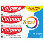 Colgate Total Whitening Toothpaste - 3 Pack 120 mL Fluoride Teeth Whitening Toothpaste Stain Removal with Tartar Protection, Brightens Your Smile, Prevents Cavities, Protects Sensitive Teeth